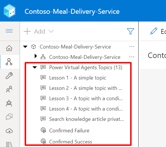Screenshot of the list of topics in Composer that were imported from a Copilot Studio chatbot.