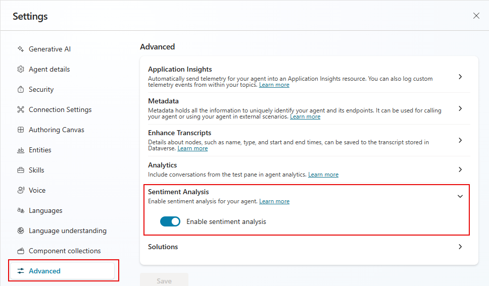 Screenshot of Sentiment Analysis toggle in Advanced Settings.
