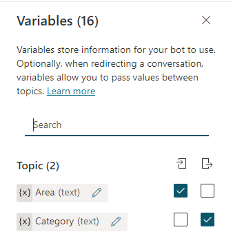 Screenshot of the  Variables panel with two variables and a combination of input and output selected.