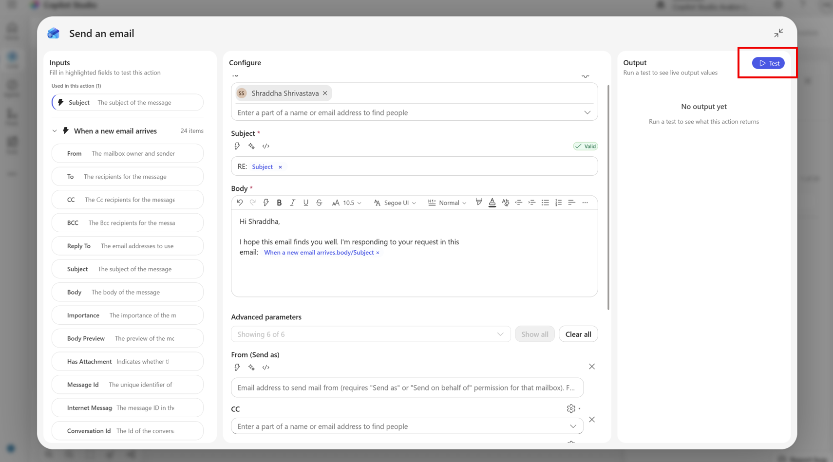Screenshot of the node test panel showing Inputs, Configure, and Output sections with the Test button highlighted.
