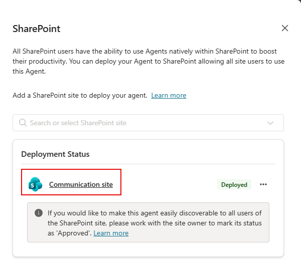 Screenshot of the SharePoint site link in the Deployment Status area of the configuration panel for the SharePoint channel.