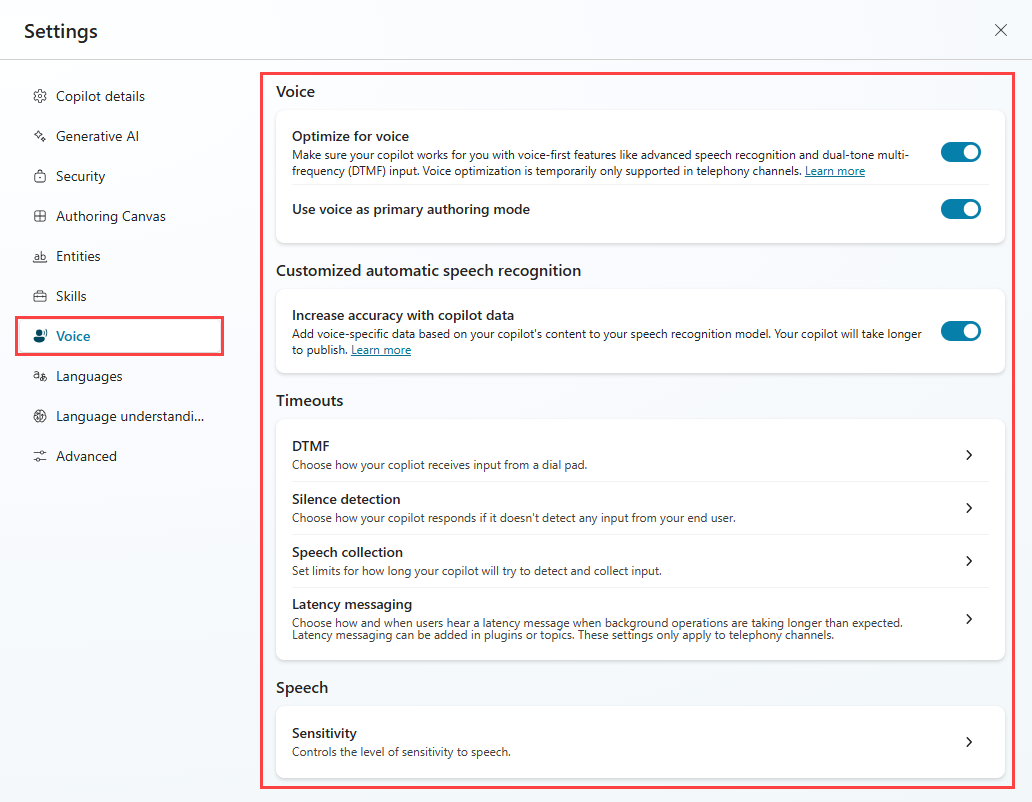 Screenshot of the Voice settings for a voice-enabled agent.