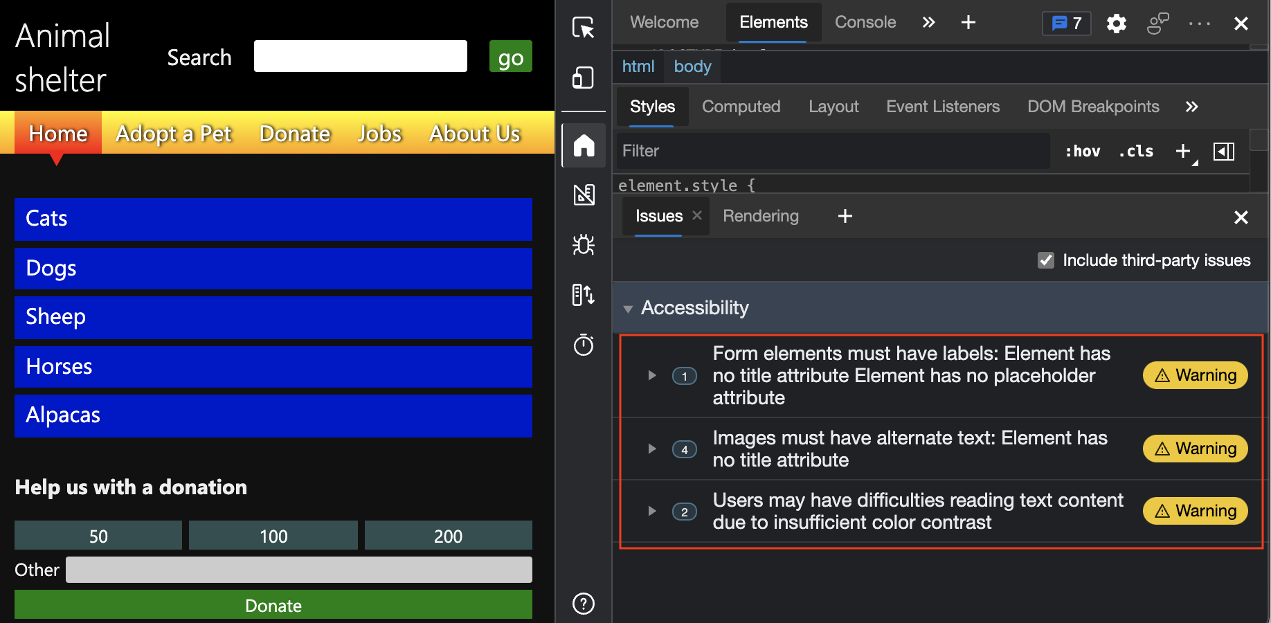 Accessibility warnings displayed in the Issues tool