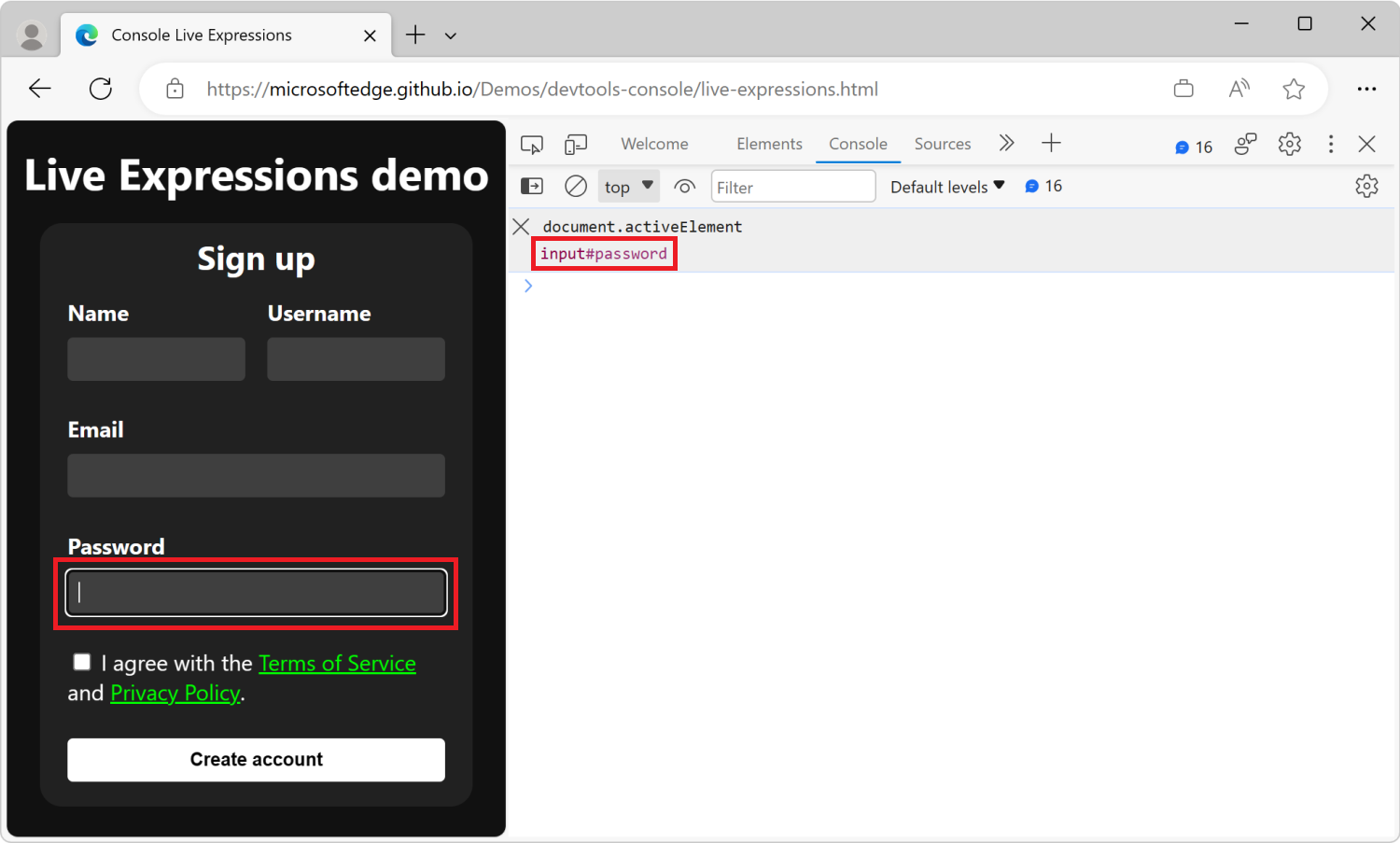 The Console tool, with a Live Expression row below the toolbar, showing the JavaScript expression document.activeElement, and its current result: input#password