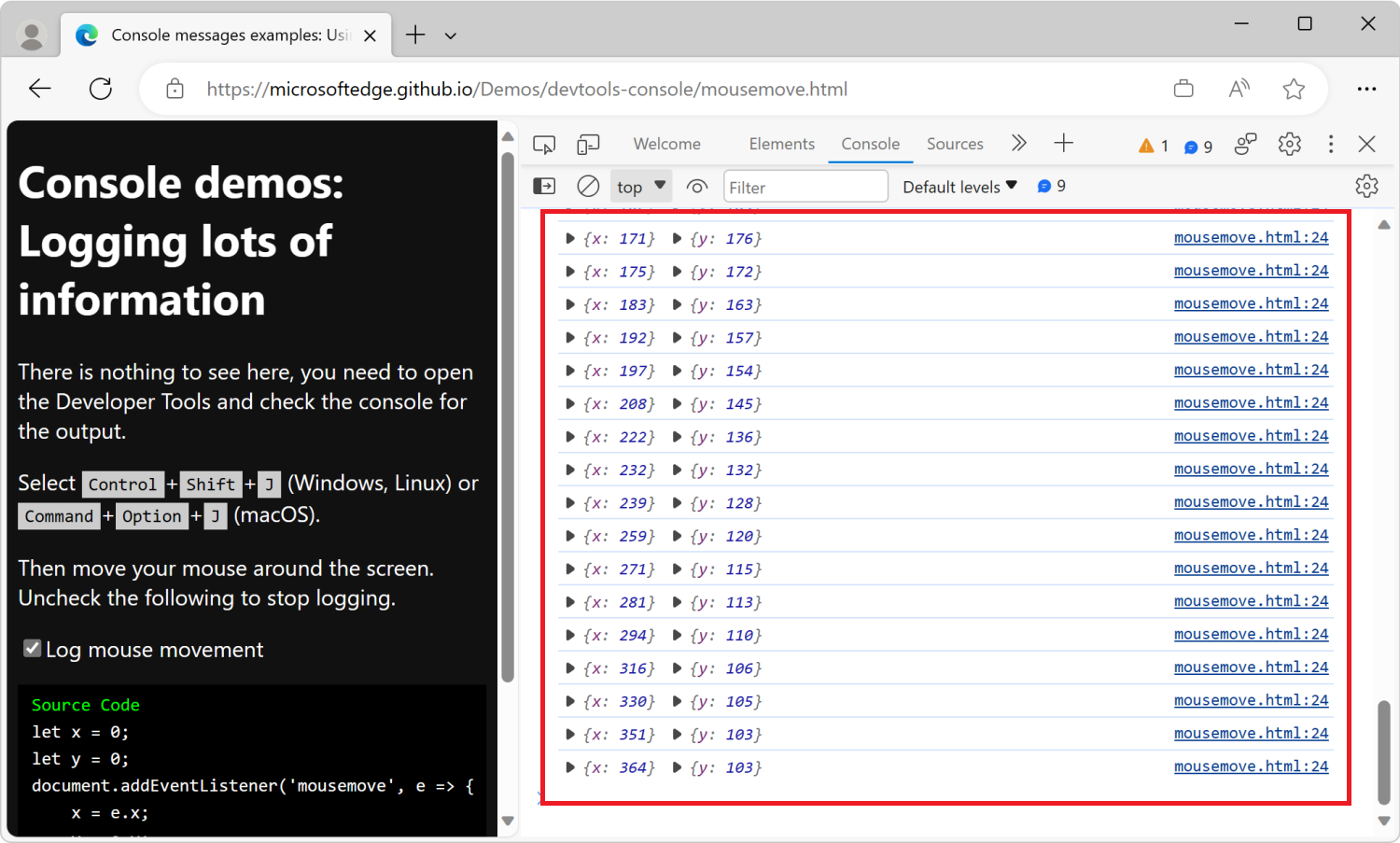 The Console tool displays an overwhelming number of messages about the mouse position