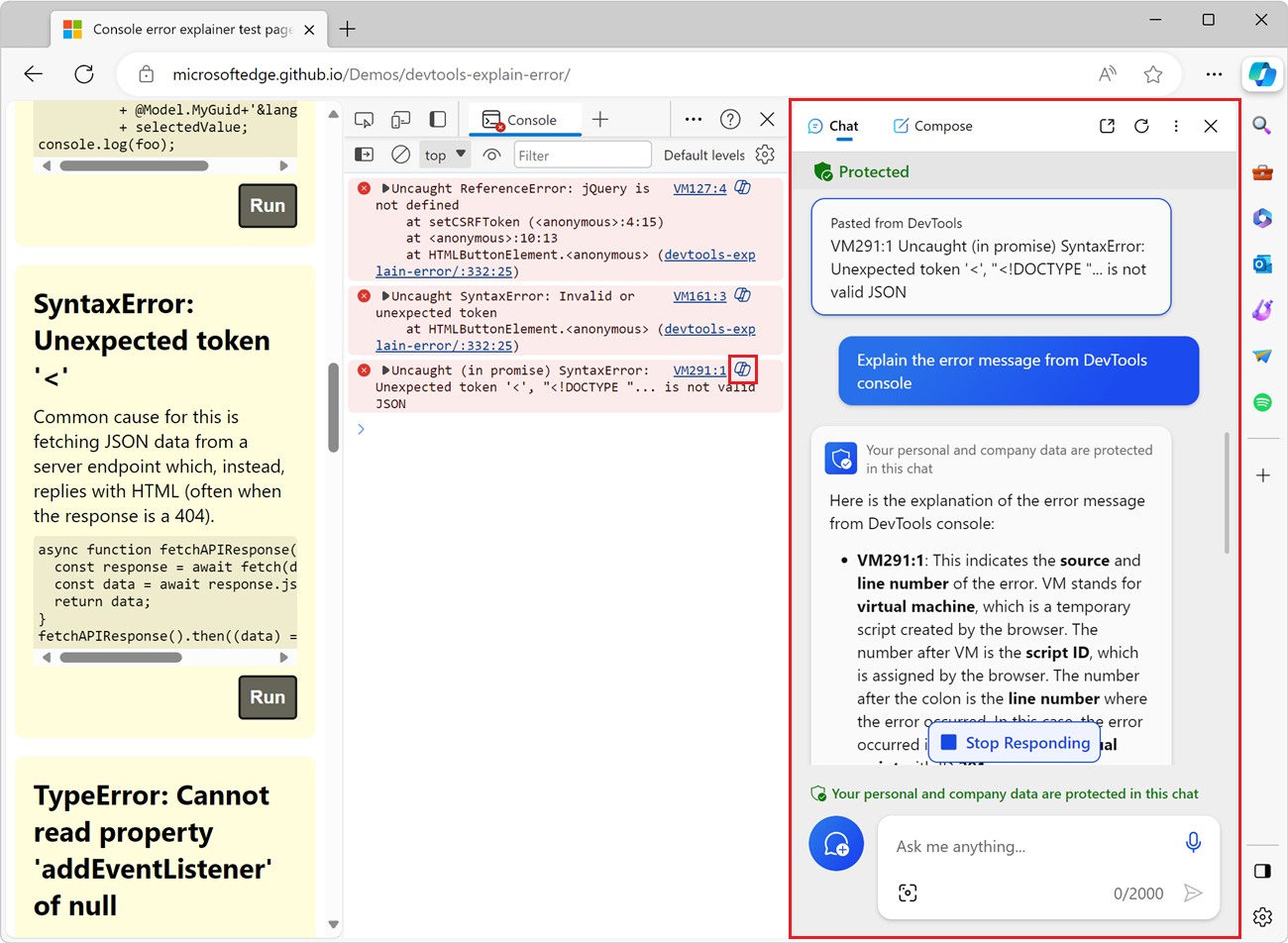 Copilot in the Microsoft Edge sidebar, showing the error message and the explanation.