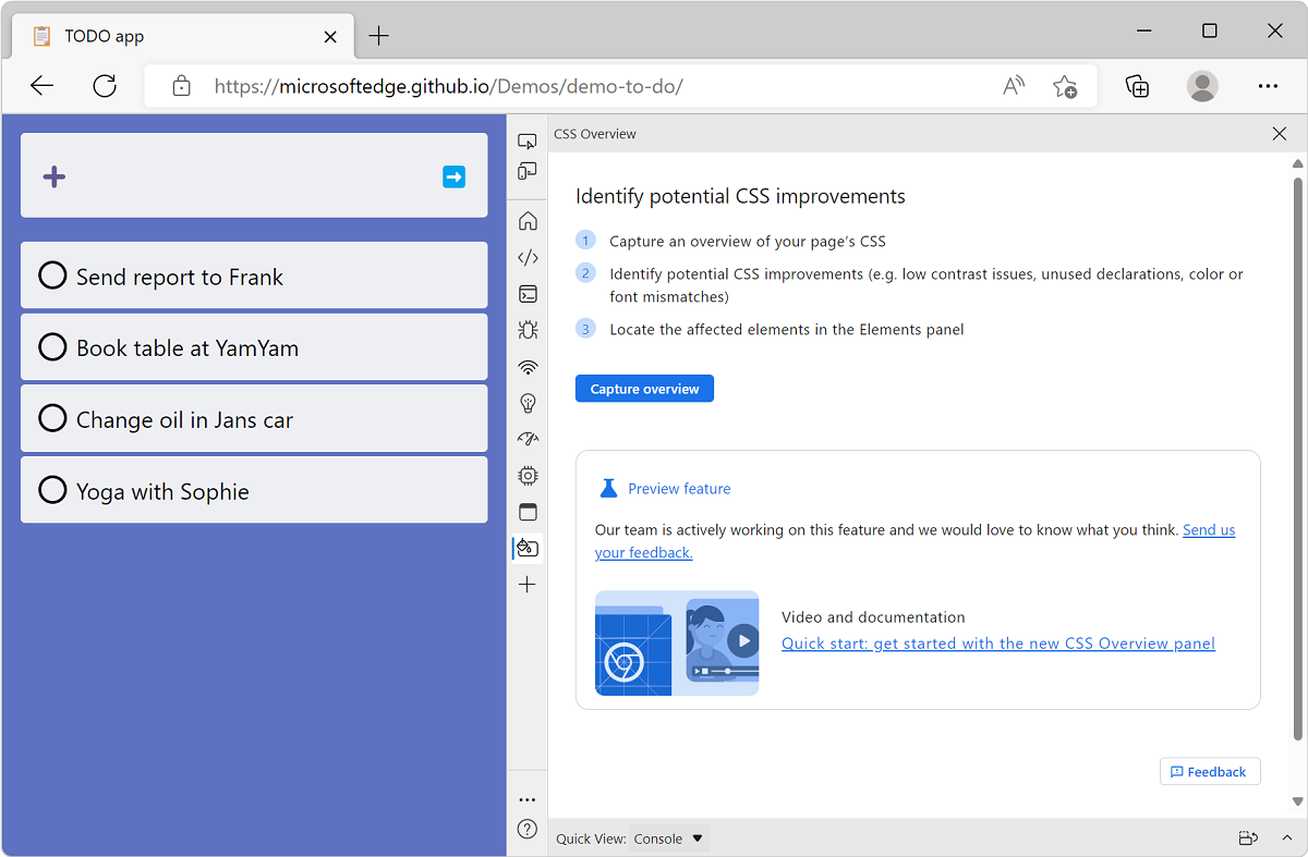 Microsoft Edge, with the TODO list demo app, and DevTools next to it, showing the CSS Overview welcome screen