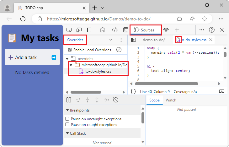 In the Sources editor, adding the name of the file to the overrides list