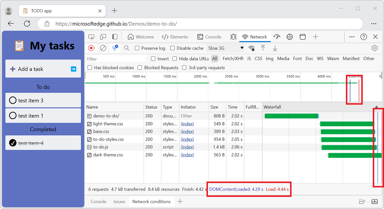 The locations of the DOMContentLoaded and load events on the Network panel