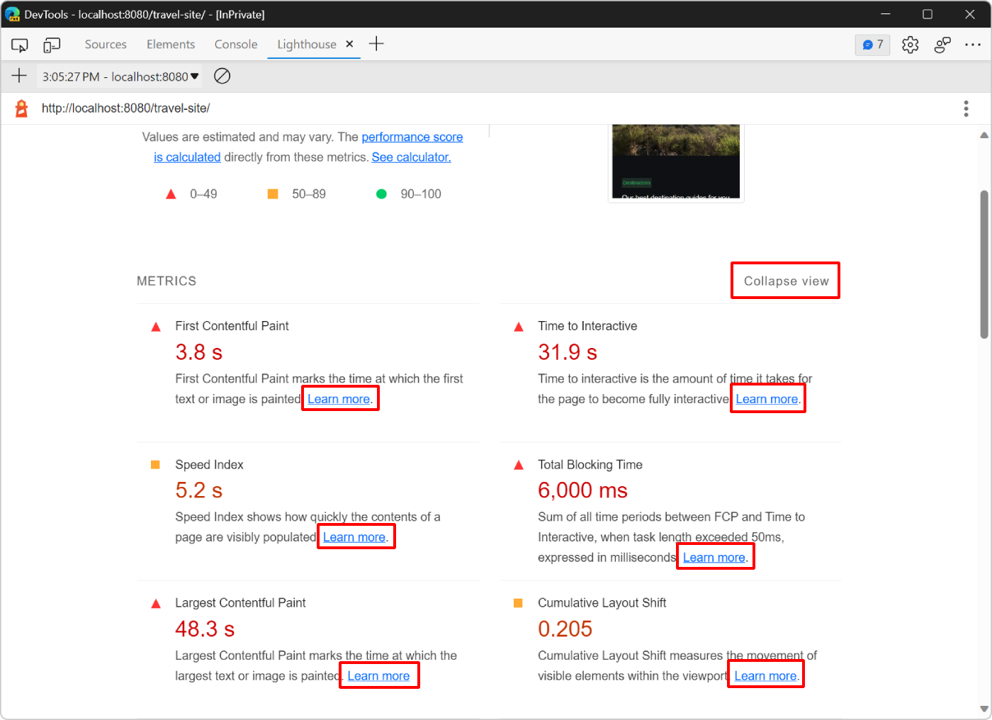 The expanded metrics section