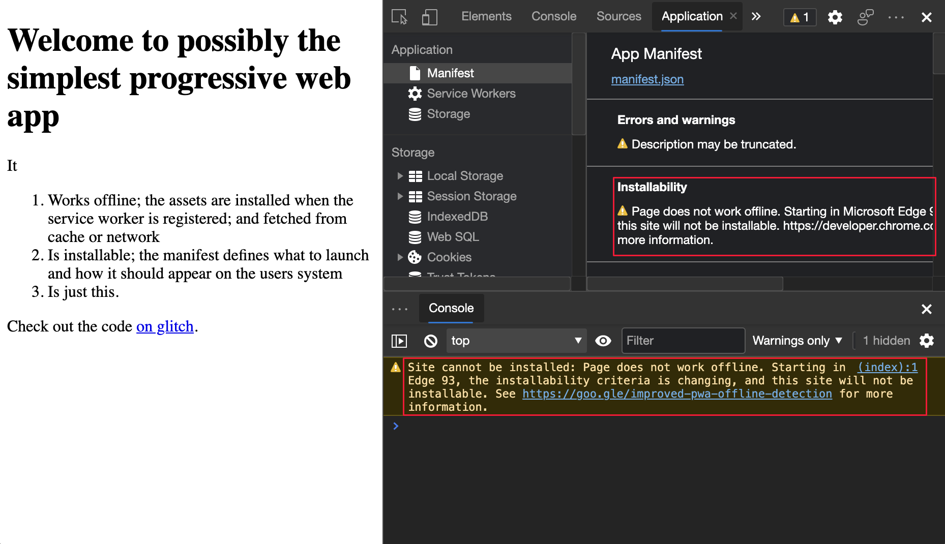 PWA installability warning in Console tool