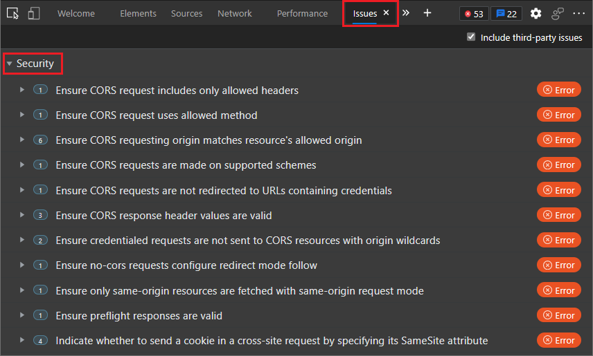 CORS issues in the Issues tab