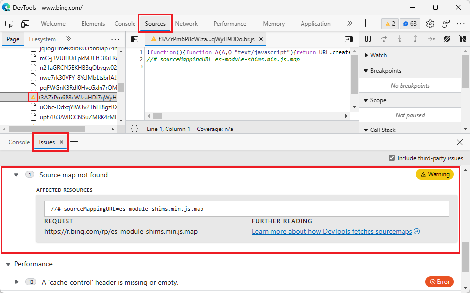 The Issues tool in the Drawer, displaying the issue as 'Source map not found', along with information on how to resolve this issue