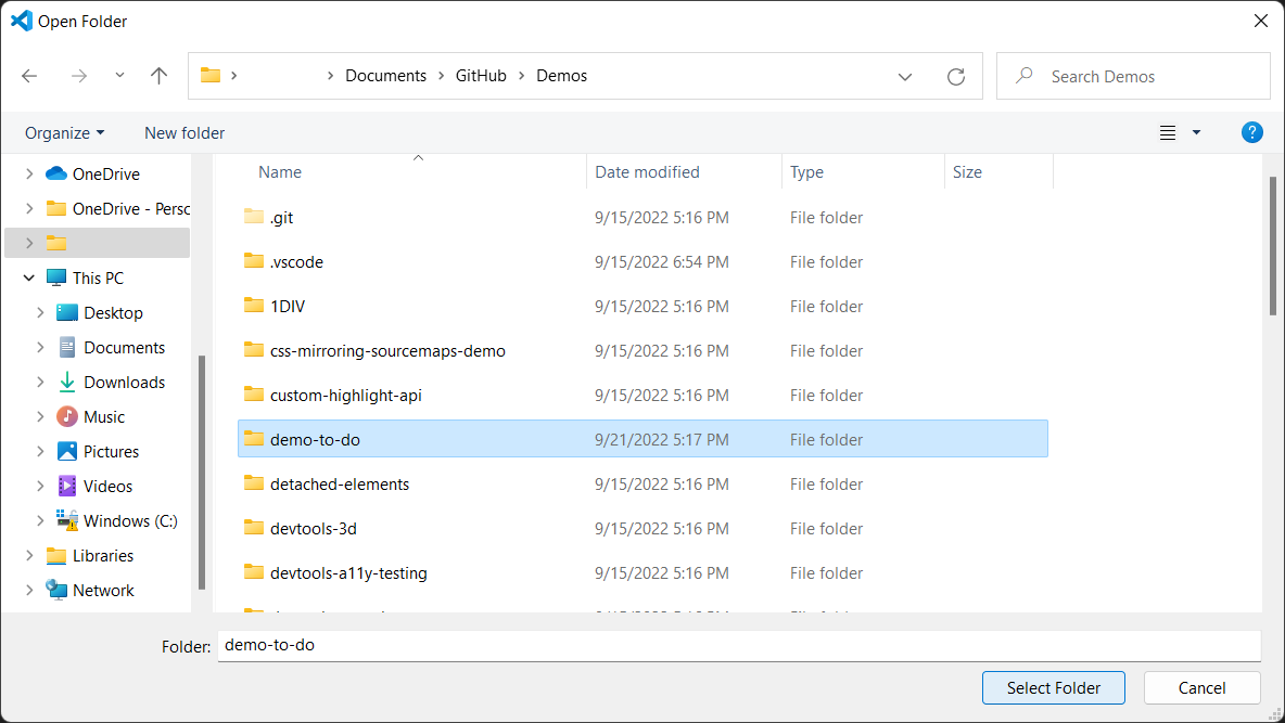 Selecting the demo-to-do folder