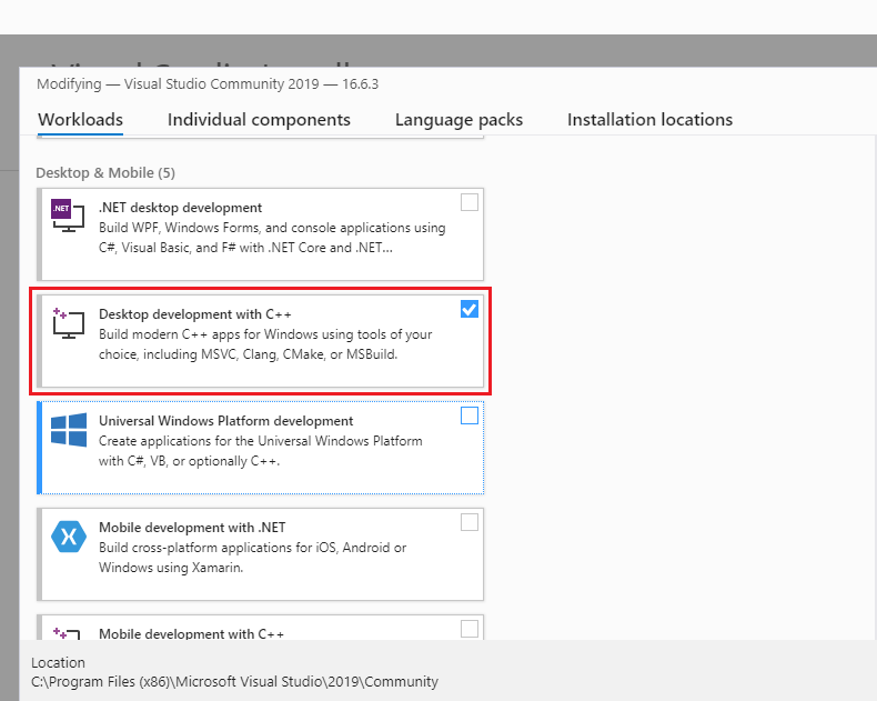 Visual Studio Modifying Workloads Screen