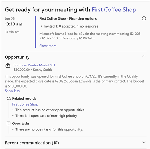 Screenshot of the opportunity summary in the meeting preparation card.