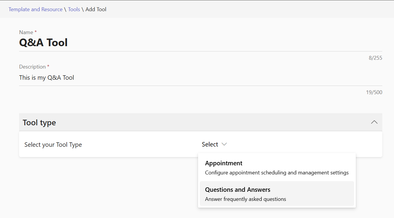 Screenshot showing the Questions and Answers tool type when creating a new tool.