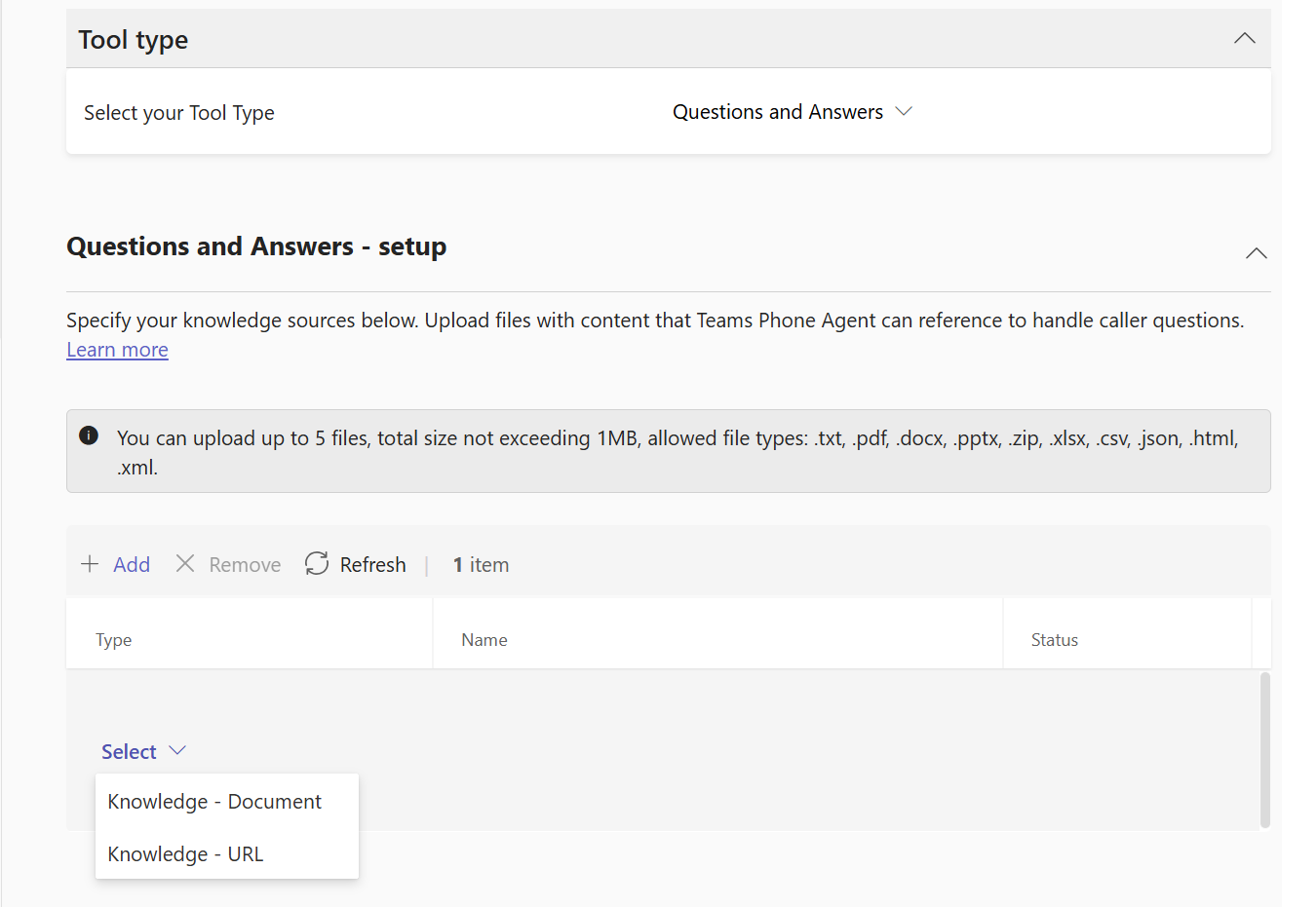 Screenshot showing the Questions and Answers tool with the option to select a document or URL.