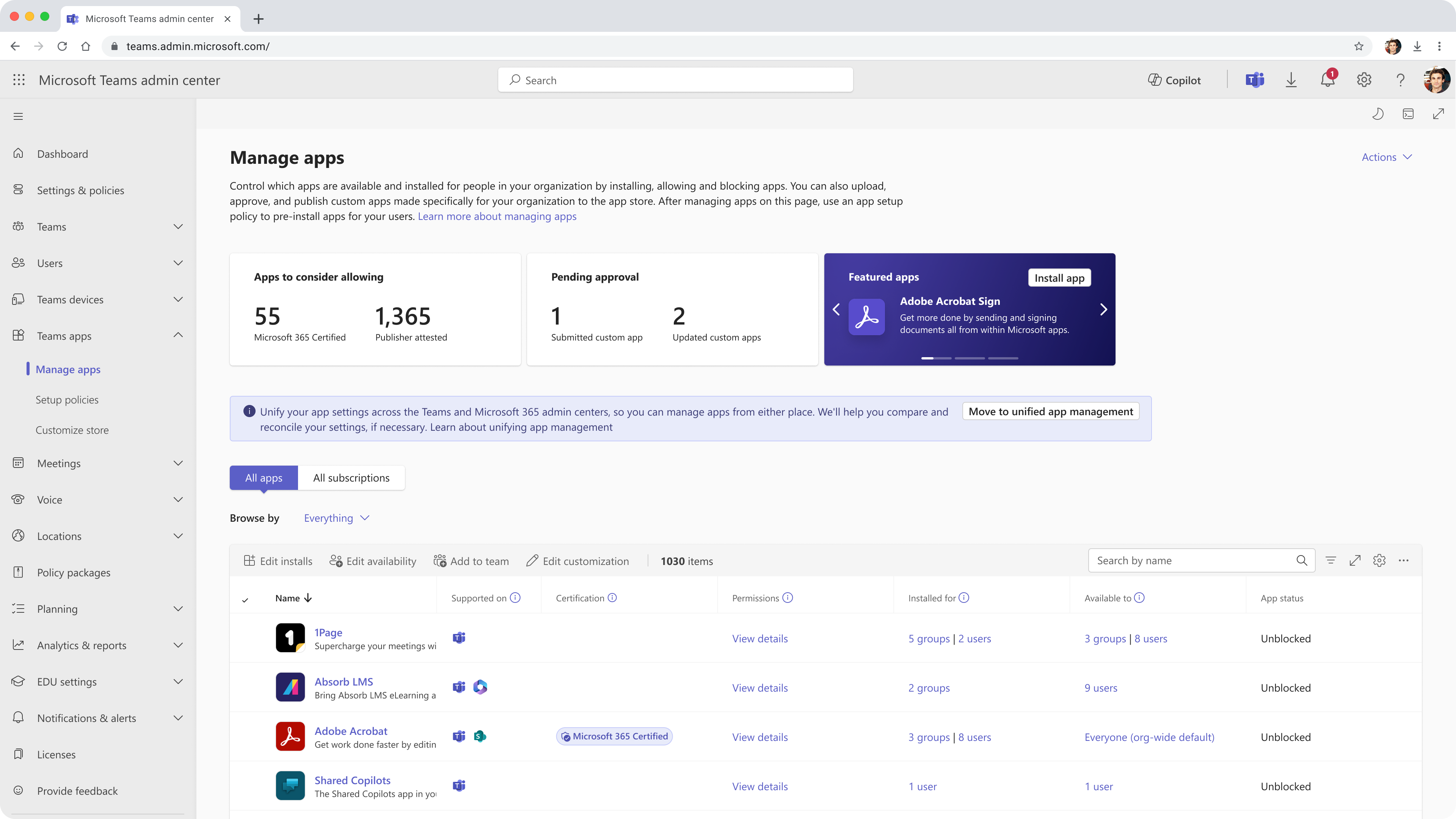 Screenshot shows the move to unified app management banner on the Manage apps homepage.