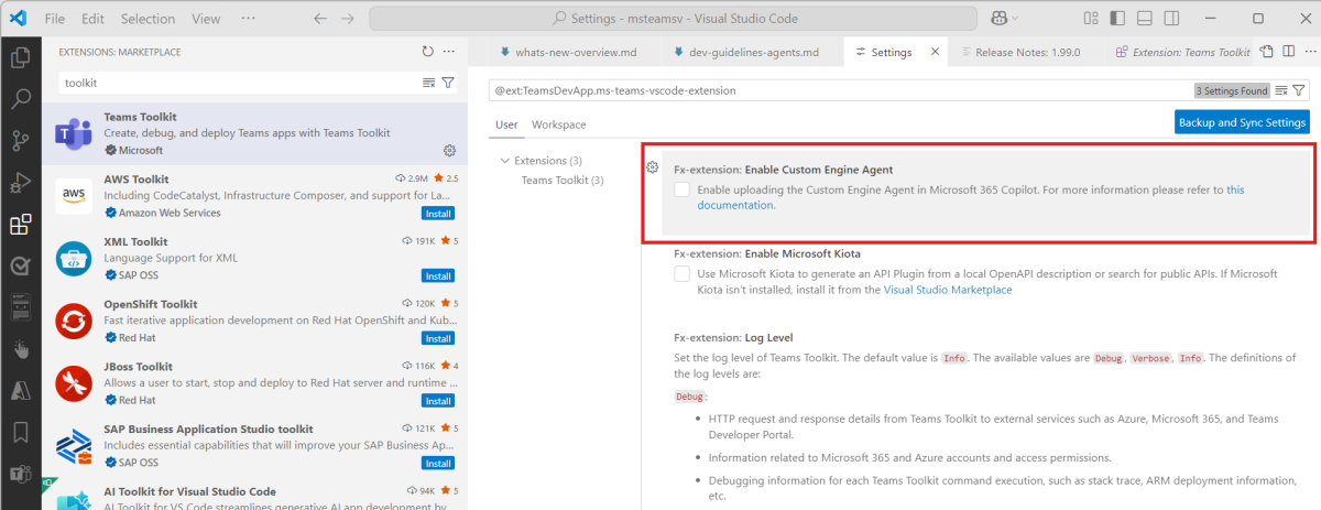 Screenshot shows how to enable custom engine agent extension in Teams Toolkit.