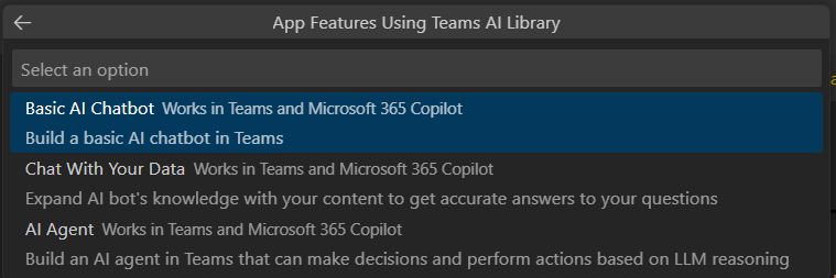 Screenshot shows the basic AI chatbot in Teams Toolkit.