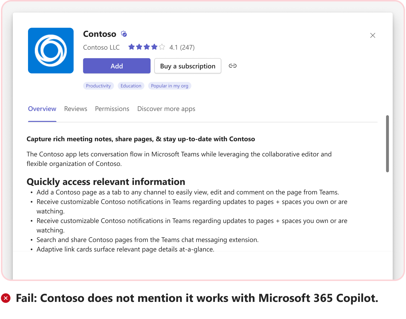 Screenshot shows a fail scenario without an example of sample prompt for message extension as a plugin in Microsoft 365 Copilot.