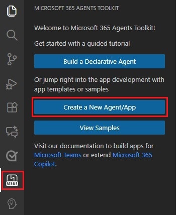 The screenshot shows the location of the Create New Project link in the Agents Toolkit sidebar.