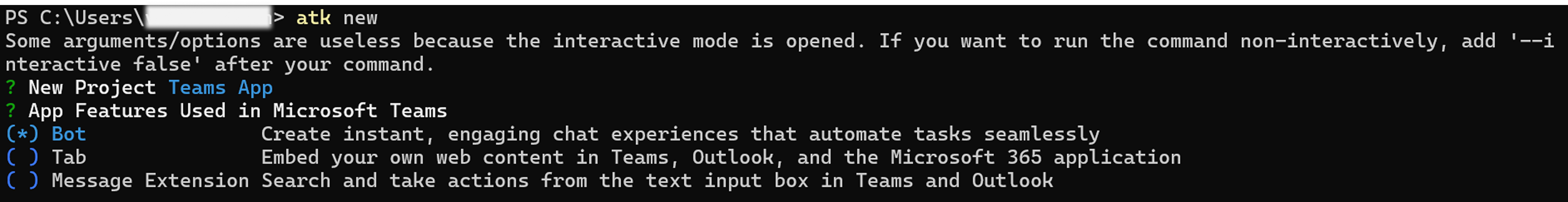 Screenshot shows the process of creating a new app on Teams.