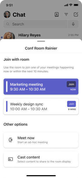 Actions on the Teams mobile app that a user can take after scanning the QR code on a Teams Room device.