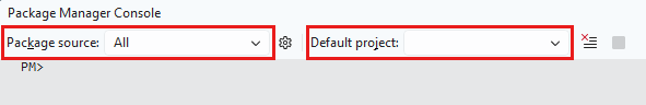 Screenshot of the Package Manager Console window. At the top, the Package source and Default project lists are highlighted.