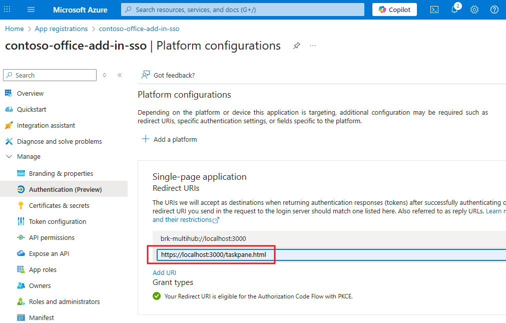 Adding the taskpane redirect URI on the Azure app registration page.