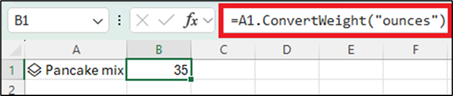Screenshot of Excel formula showing =A1.ConvertWeight( ounces )