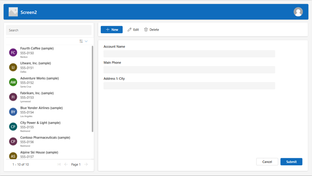 Screenshot that shows the screen view when connected to a data source: a data list and its form elements.