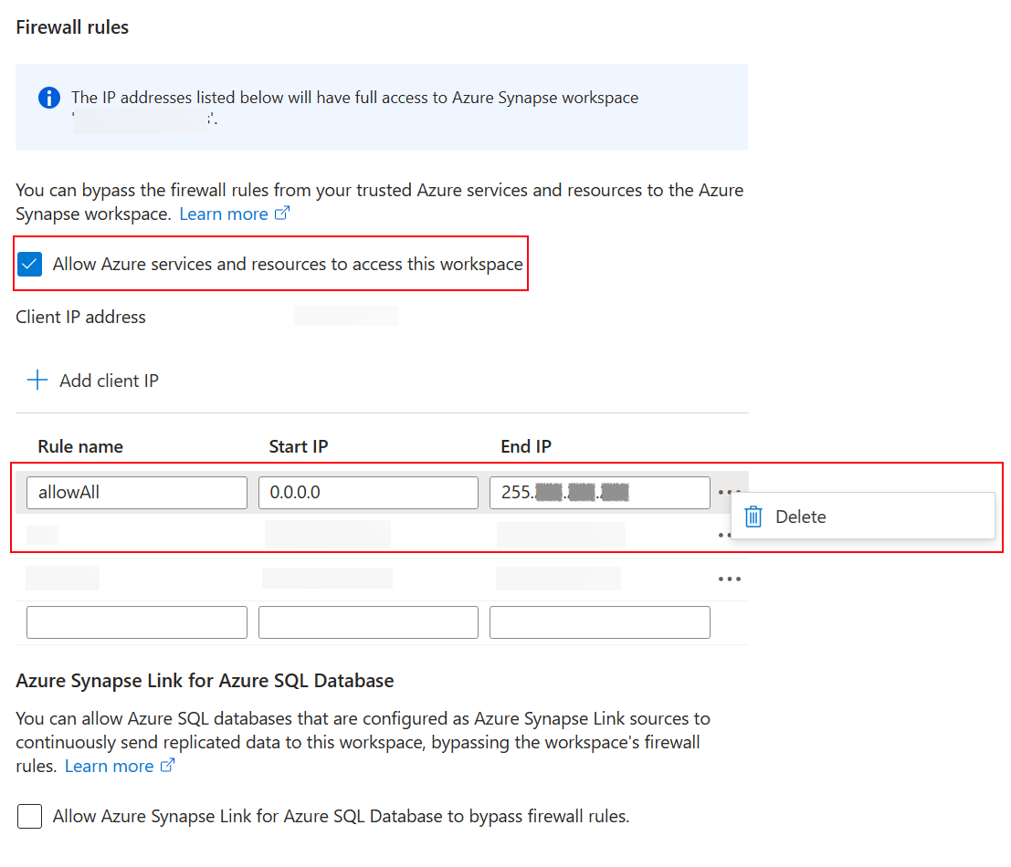 Azure Synapse workspace network settings