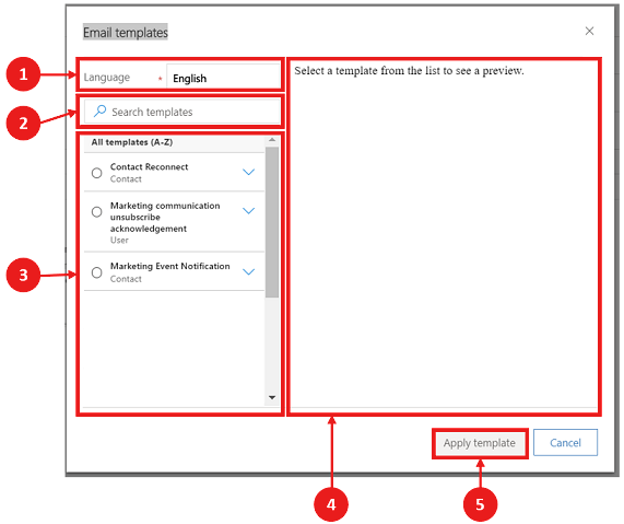 Email template selection window Email template selection window.