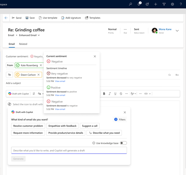 Customer sentiment card showing sentiment timeline across emails.