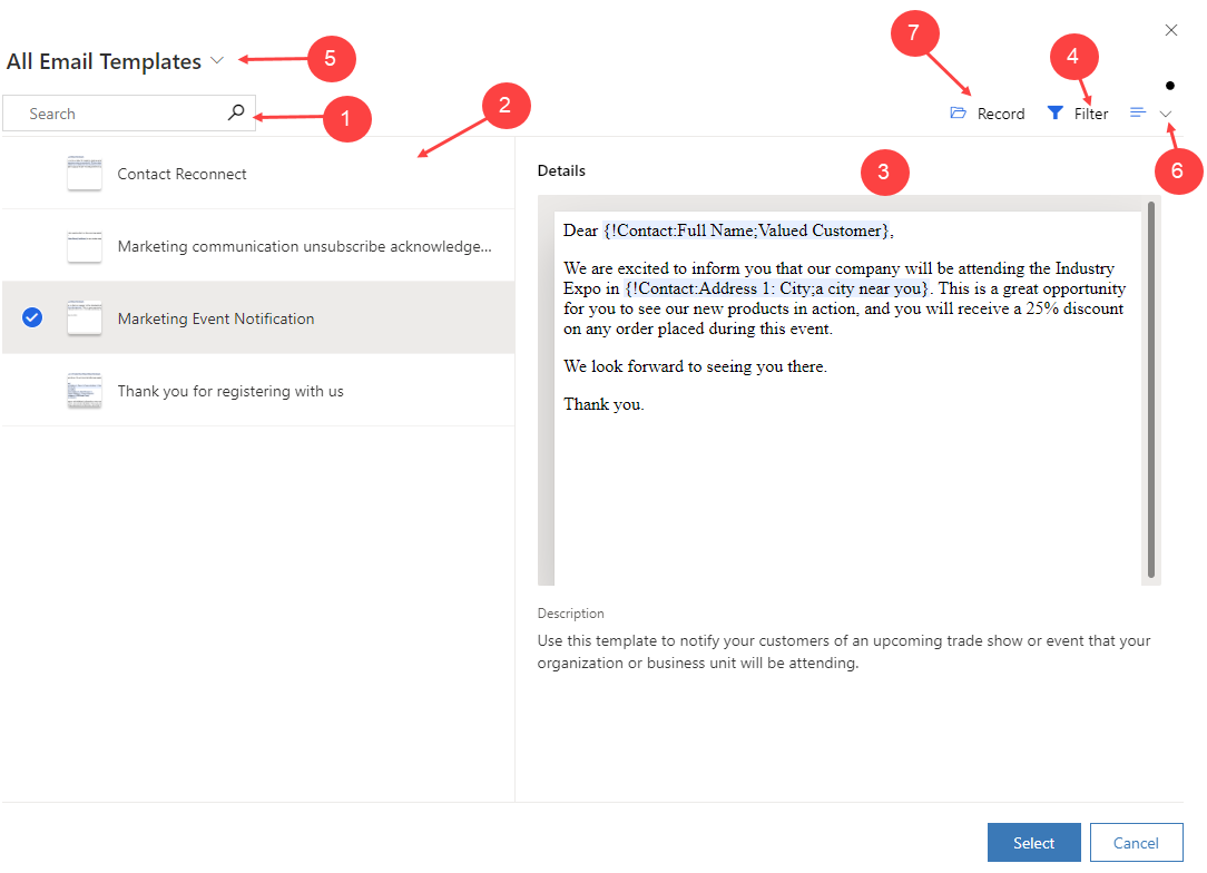 New Email template selection window Enhanced email template selection window.