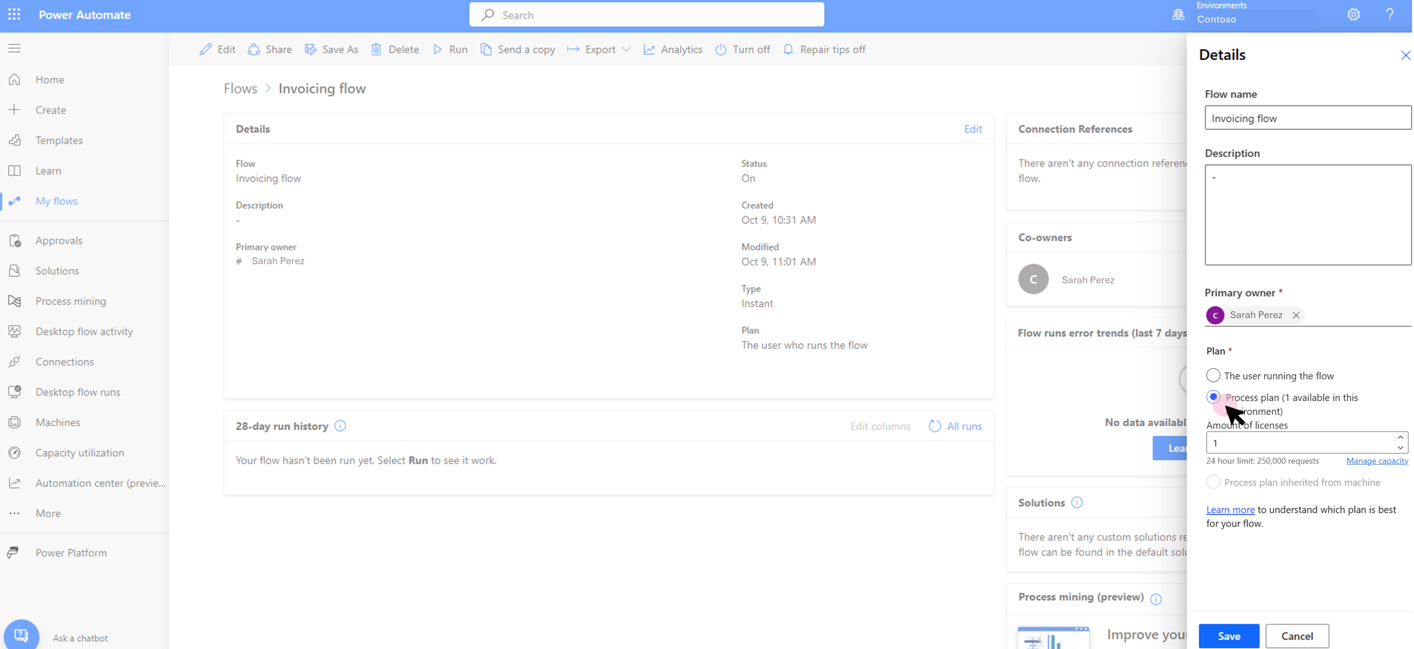 Screenshot of the cloud flow details page showing the option to change the plan.
