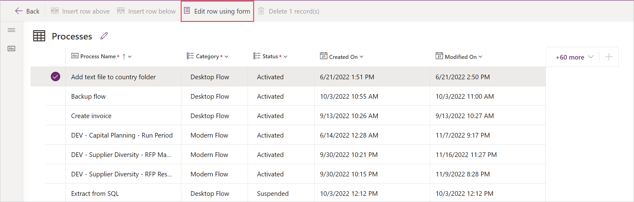 Screenshot of the Edit row using form button.