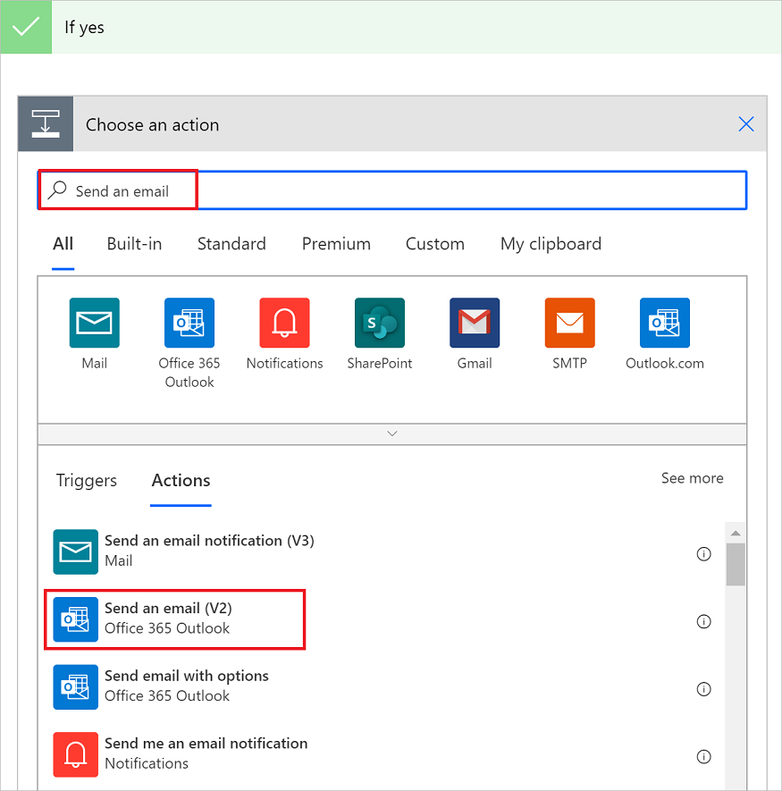 Screenshot of choosing the Send an email action.