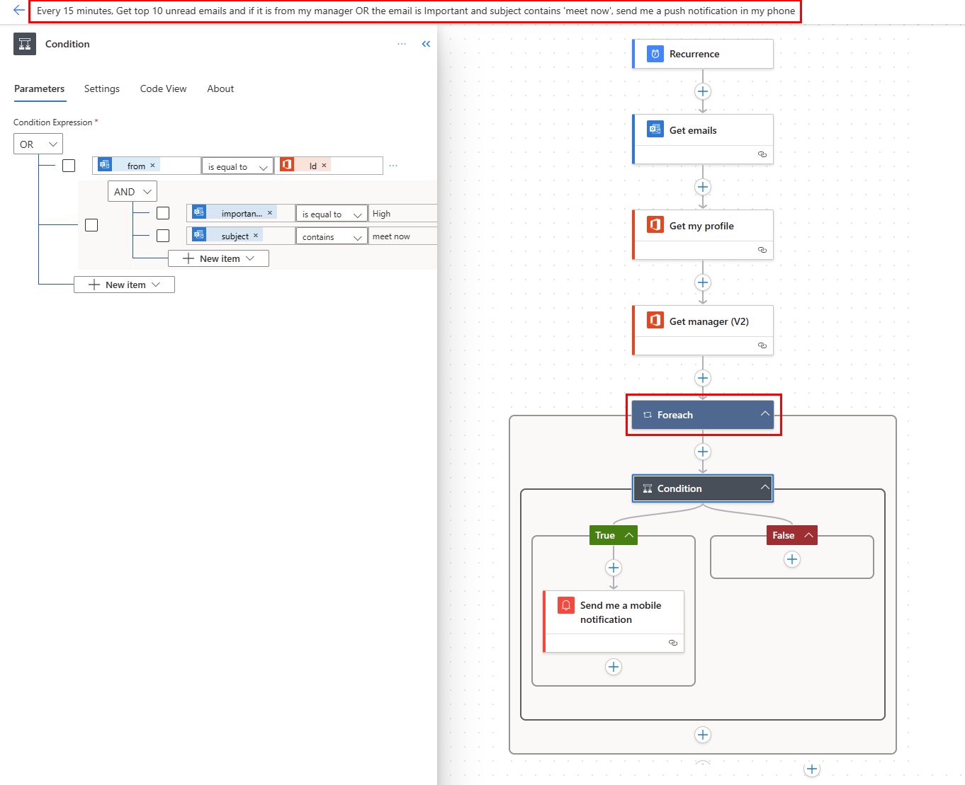 Screenshot of a flow created by Copilot based on your prompt.