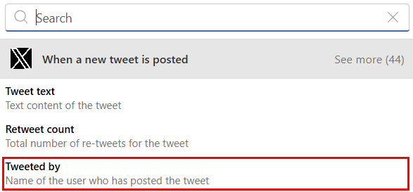 Screenshot of adding the 'Tweeted by dynamic content in the new designer.