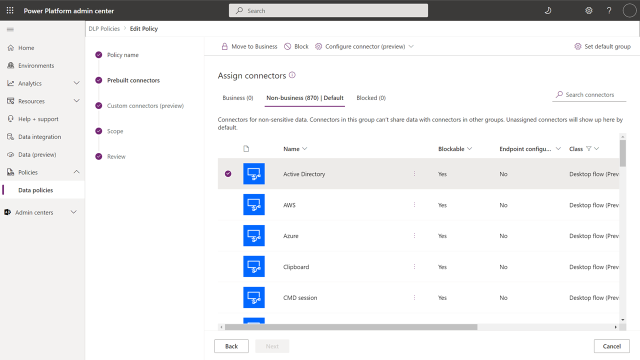 Screenshot of a DLP policy under construction in the Power Platform admin center.