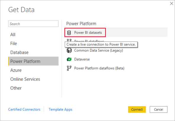 Screenshot of getting data from Power BI semantic models.