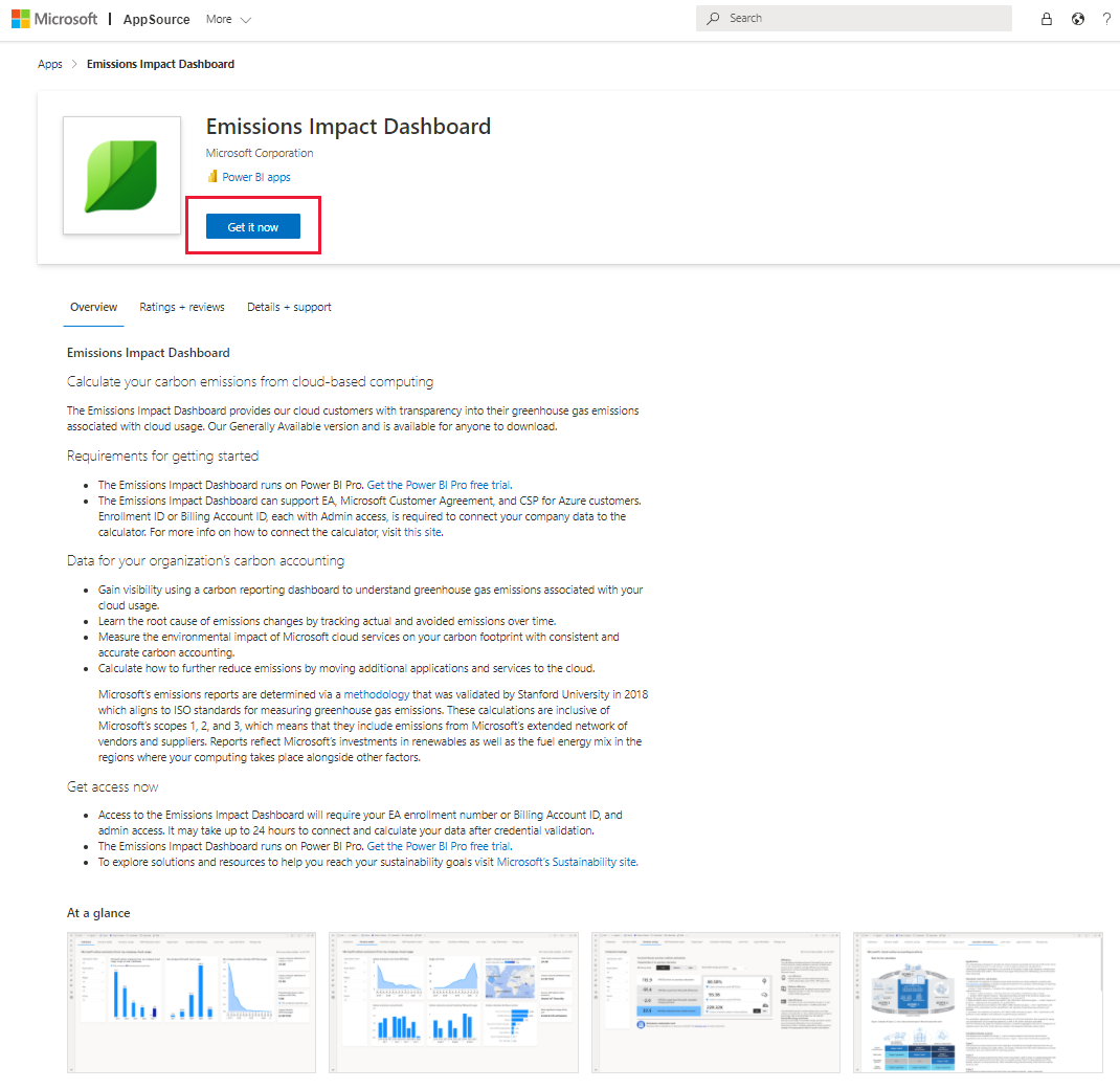 Screenshot of Emissions Impact Dashboard for Azure on AppSource.