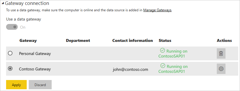 Screenshot displays the users in the Gateway connection dialog.