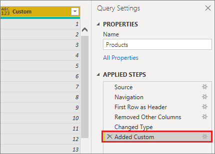 Screenshot of the Query Settings dialog box, highlighting Added Custom.