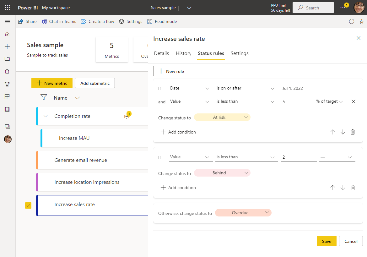 Screenshot Showing the different types of status rules including value based, % of target based, and date based.