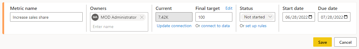 Screenshot of Select Save for the data-connected metric.