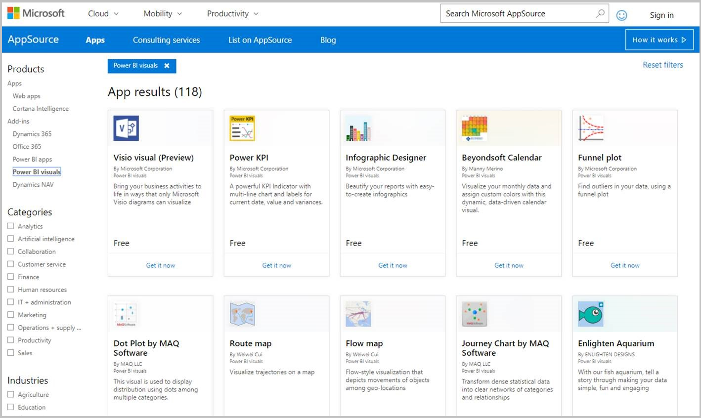 Screenshot of Power B I visuals in AppSource.
